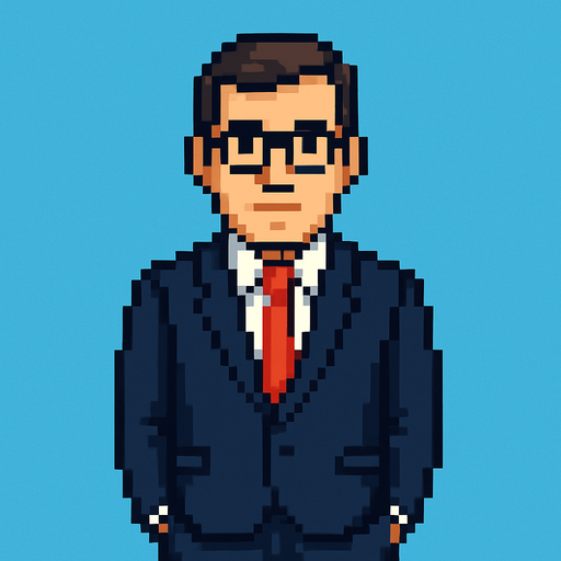 Hombre ejecutivo mirando a la cámara pixel art.
In-Game asset.  2d.  High contrast.  No shadows