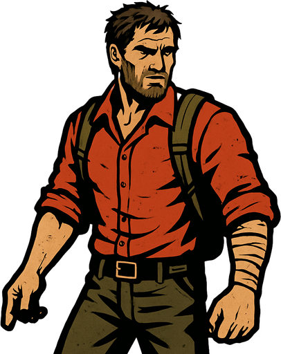 A man who survives but does not have a gun in his hand, his hand holds a gun but does not have a gun.
In-Game asset.  2d.  High contrast.  No shadows