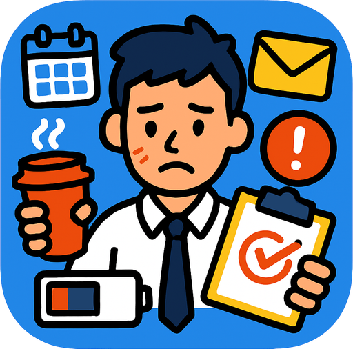 Modern App Store icon, high definition, square with rounded corners, for a game titled "FOMO Simulator: The Meeting That Could've Been An Email" and with the description "A fast-paced office simulator where you collect meetings, emails, and notifications while managing your energy levels. Strategic decisions must be made about which workplace items to prioritize as your energy depletes. Grab coffee for boosts, avoid missing important meetings, and survive the chaotic 60-second workday!". No text on icon!.
In-Game asset.  2d.  High contrast.  No shadows