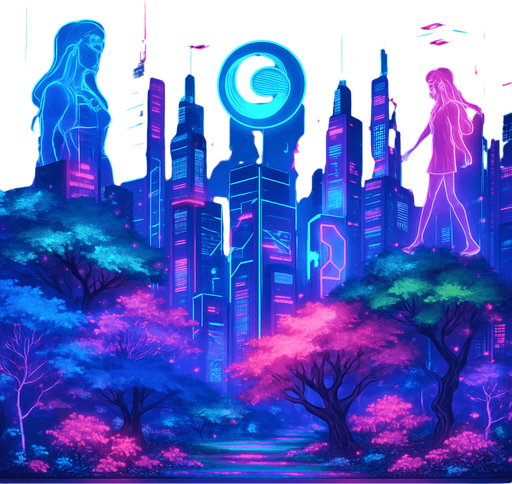 Neon cyberpunk anime city skyline futuristic holograms
