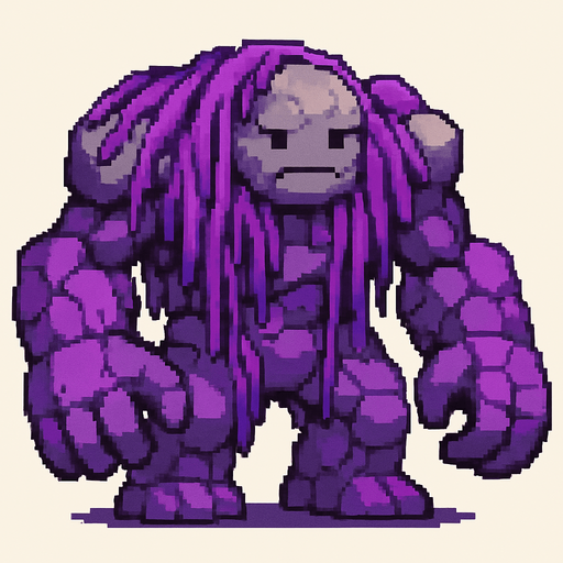 Genera una imagen de un monstruo corrupto morado de piedra qué no sea tan terrorífico, y que sea pixel.Y qué tenga manos grandes, y torso y que la cabeza no sea tan terrorífico, y no le ponga ojos perturbadores, y que su cabeza sea de un tamaño moderado no muy grande, que algo que si sea grande sea sus brazos, y que tenga algas moradas y que tenga algunas piedras moradas y otras piedras que no sean moradas qué sean grises 
In-Game asset.  2d.  High contrast.  No shadows.