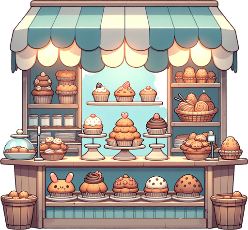 Cute simple 2d Muffin bakery shop from inside.
2d. High contrast. No shadows. Clicker background asset, Flat, few details, few colors