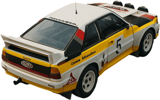Photorealistic audi b2 quattro RALLYCAR, drone topview from back. Angle should be 45 degrees in the top right corner of the screen