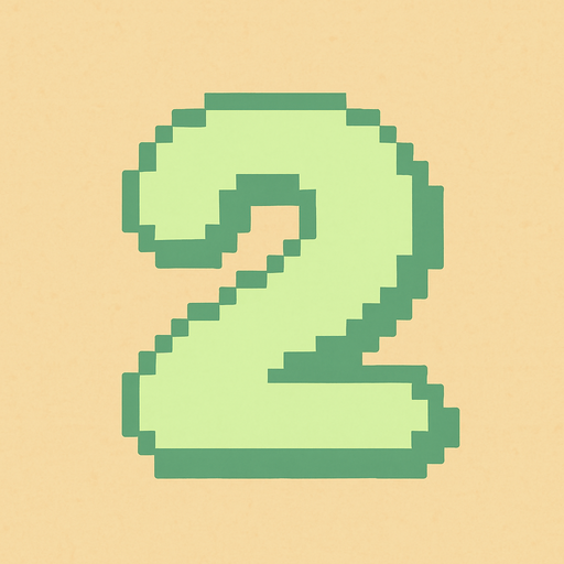 A pixel art number "2" designed for a cozy, cute retro 2D game UI with a bird theme. The number is rendered in soft pastel light green tones to harmonize with the gentle and sweet aesthetic of the game. It has a clean, simple, and rounded pixel style with no harsh edges, fitting perfectly within the pixel art UI style. The number is bold and easily readable at small sizes..
In-Game asset.  2d.  High contrast.  No shadows. pixel art. retro. 2d ui. number. pastel light green. simple. rounded edges. bold. cute. minimal