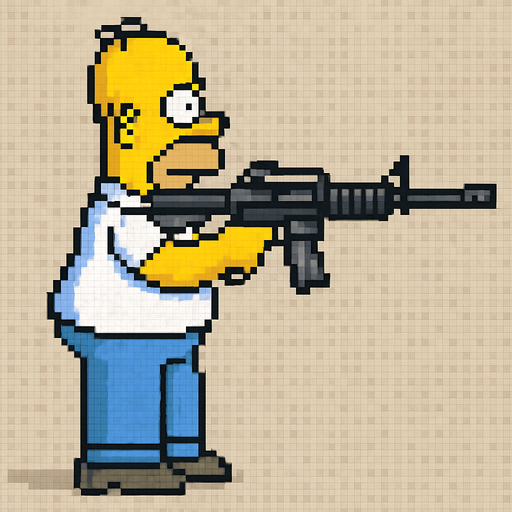 homero simpson hecho con pixeles de cuerpo completo con perspectiva lateral apuntando con rifle de asalto m4
I