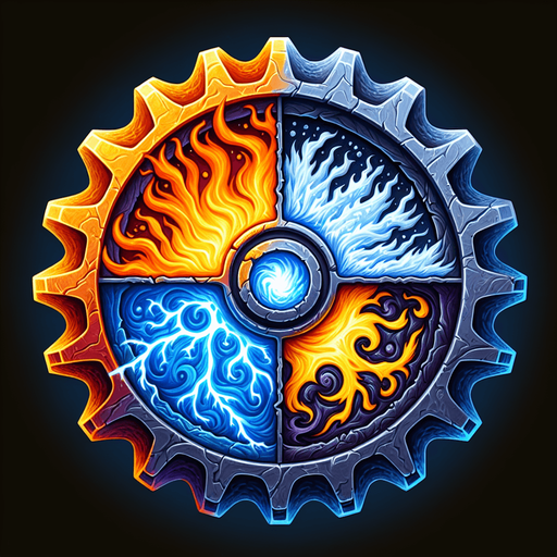 Elemental Gear Icon:
A gear made of multiple materials (fire, ice, lightning, and shadow) fused together, symbolizing crafting hybrid powers..
Colors: Vibrant orange, blue, yellow, and dark purple.