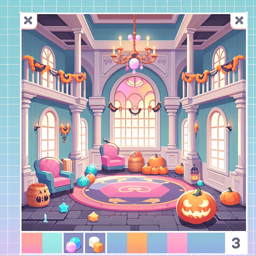 Background for hyper casual puzzle game. Showing halloween mansion interior. Pastel colors, flat shaded, vector art. Single Game Texture. In-Game asset. 2d. Blank background. High contrast. No shadows.