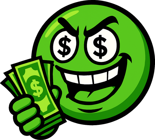 A rich, greedy green ball has a wad of cash in his hand.
In-Game asset.  High contrast.  No shadows