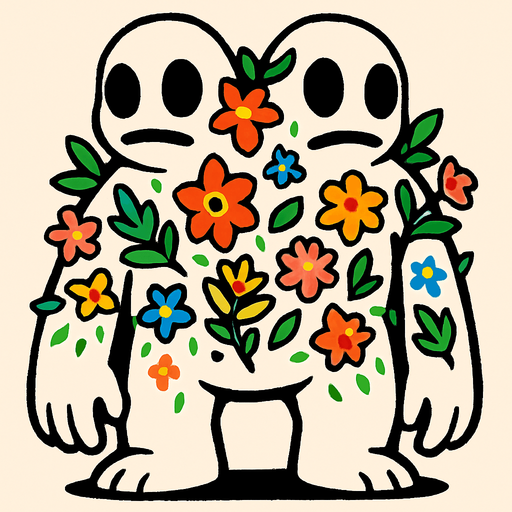 montruo blanco de ojos negros con dos cabezas con flora en el cuerpo.
In-Game asset.  2d.  High contrast.  No shadows