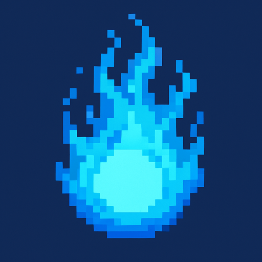 High quality 2D pixel art blue fire ball.
In-Game asset.  2d.  High contrast.  No shadows