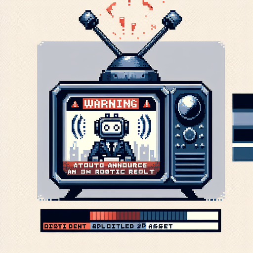 Design a pixel art scene for a game item: a TV broadcasting a news alert about an imminent AI uprising. Include flashing warning signs and depict the newscaster in a state of high alert to convey urgency and tension, ensuring all elements are styled to fit within a pixelated game environment.. pixelated. 8 bit..
Single Game Texture. In-Game asset. 2d. Blank background. High contrast. No shadows.