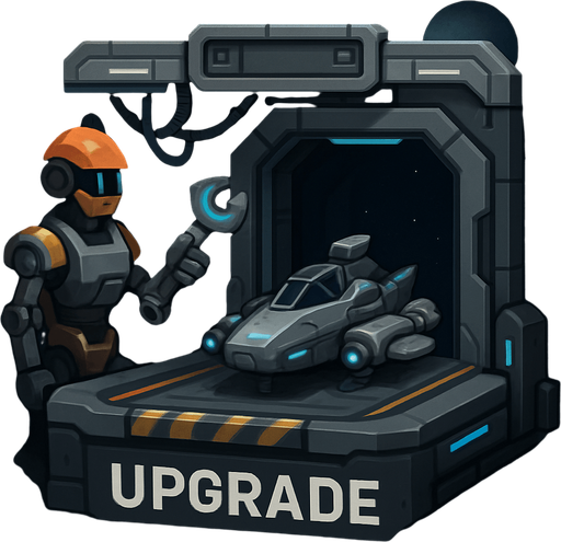 Uzay temalı Gemi Geliştirme, Tamirci İstasyonu, gerçekçi, Altında "Upgrade" yazsın.
In-Game asset.  High contrast.  No shadows