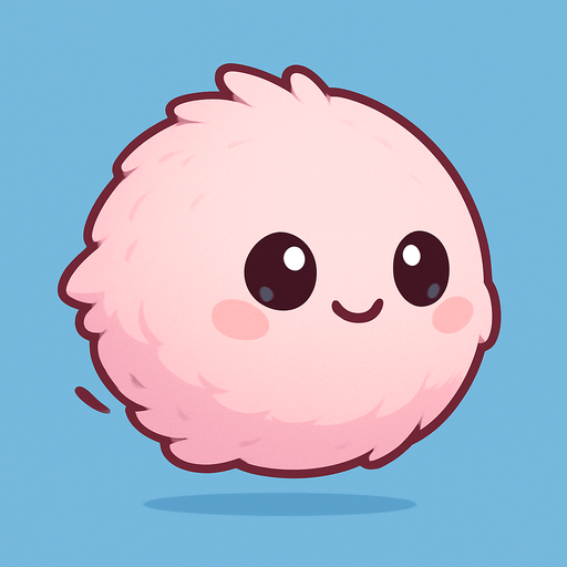 Chibi style, incredibly cute, perfectly round, puffy creature. **It has no visible legs or limbs, appearing as a soft, adorable ball with a friendly, expressive face (big, innocent eyes and a small smile).** Implied motion is a gentle bounce or glide. Predominant color: light pink with subtle fluffy texture. Minimalist, clean lines, vibrant colors. Solid light blue background. Mobile game character asset, running/gliding animation frame..
In-Game asset.  2d.  High contrast.  No shadows