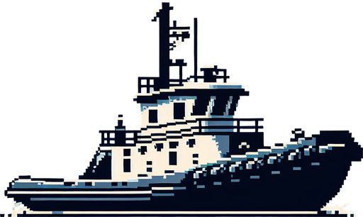 8-bit silhouette of tugboat.
Single Game Texture. In-Game asset. 2d. Blank background. High contrast. No shadows.