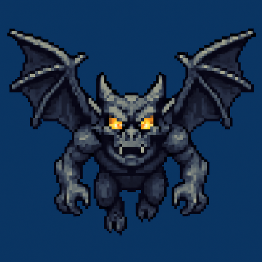 um gárgula voador com olhos brilhantes, pixel 32bits art style, vista aerea frontal.
In-Game asset.  2d.  High contrast.  No shadows