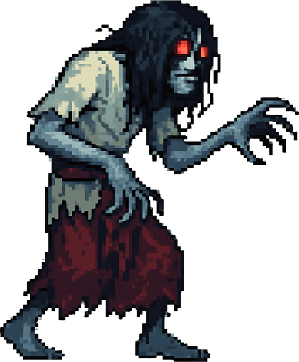 Create a pixel-art monster character inspired by Turkish folklore, specifically "Gulyabani" – a tall, lanky, ghostly creature with pale, bluish-gray skin, long tangled hair covering parts of its face, and glowing red eyes. It should wear torn Ottoman-style rags, with long sharp fingers and a hunched back. Its movement should look floaty and eerie. Style should match 2D retro horror games. Transparent background PNG, facing left side, idle stance..
In-Game asset.  2d.  High contrast.  No shadows