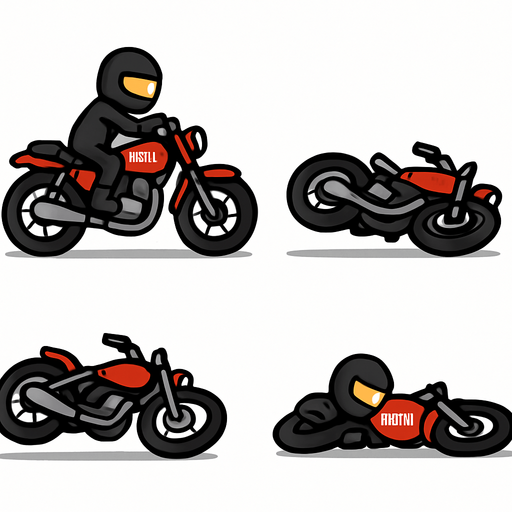 Create a simple 2D animation of an enemy motorcycle falling sideways to the ground.  
The animation should have 5 frames showing the bike tilting and then lying flat.  
Use a cartoonish style matching a simple 2D game..
In-Game asset.  2d.  High contrast.  No shadows