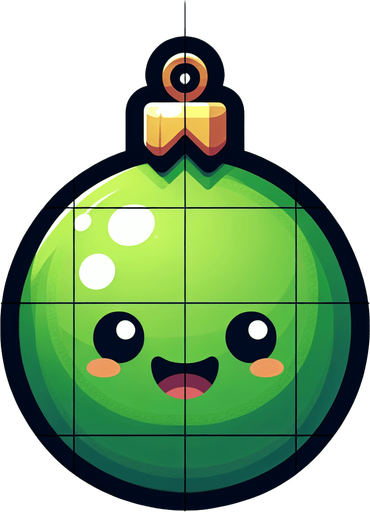 Perfectly square bright green Christmas decoration with cute happyy face. Cartoon style. Cute art style. Simple vector style. No Shadows.
Single Game Texture. In-Game asset. 2d. Blank background. High contrast. No shadows.