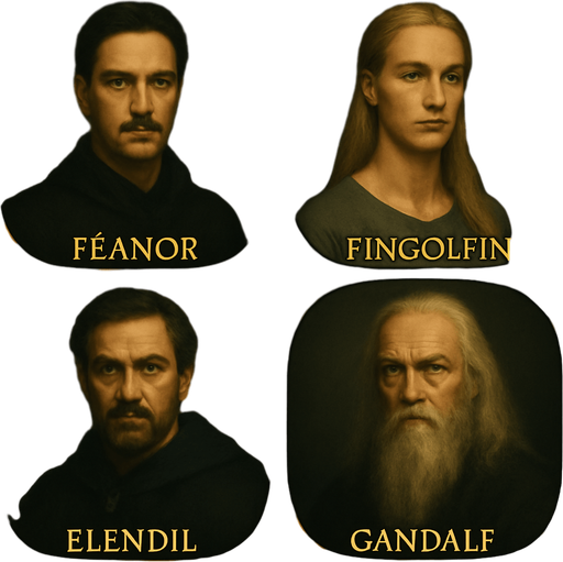 Tamamen aynı stil aynı çerçeve aynı boyut ve aynı biçimi kullan ancak Feanor (Sakalsız yüce elf), Fingolfin (Sarışın uzun saçlı elf), Elendil, Gandalf ı yap