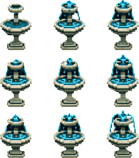 A sprite sheet for a small standing tiered fountain. Sprites for water animation and one with no water. Retro pixel art..
In-Game asset.  2d.  High contrast.  No shadows