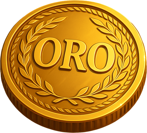 High-resolution digital illustration of a single gold coin lying flat, embossed in the center with the word ‘ORO’ in bold, elegant capital letters. The coin features a finely detailed rim pattern (e.g. laurel wreath or rope motif), a polished metallic surface with realistic reflections and highlights, and a slight bevel on the edges. Dramatic side lighting casts soft shadows, set against a dark gradient background for contrast. Rendered in a semi-realistic 3D style.
In-Game asset.  2d.  High contrast.  No shadows