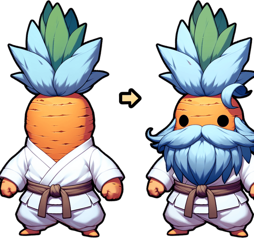 Design a 2D flat vector illustration of a short, carrot-shaped kung-fu master. The compact orange carrot body tapers neatly but is more compressed, emphasizing its chubby and endearing proportions. It features spiky blue Saiyan-style hair on top, radiating energy, and a long flowing white beard that signifies wisdom. A martial arts belt is tied around its middle, and a snug bandana completes its disciplined look. With sharp, focused eyes and a determined expression, it stands on two small, rounded feet, blending cuteness with a commanding presence..
Single Game Texture. In-Game asset. 2d. Blank background. High contrast. No shadows.