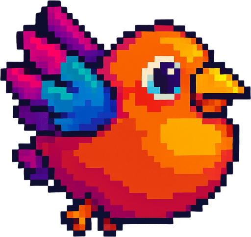 Big fat flaying bird ( Piksel art). Cute. Colorful 
In-Game asset.  2d.  High contrast.