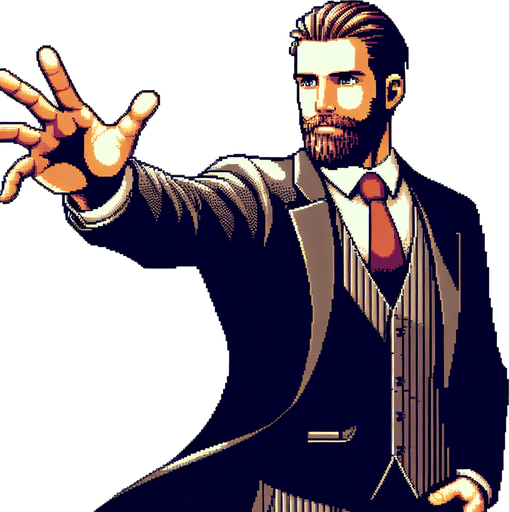 Create a single bearded man in a suit reaching out holding an imaginary weapon, I want him generated in 32 bit graphic style and i want to see his entire body.
Single Game Texture. In-Game asset. 2d. Blank background. High contrast. No shadows.