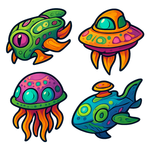 Alien Airships, HD colors.
In-Game asset.  2d.  High contrast.  No shadows