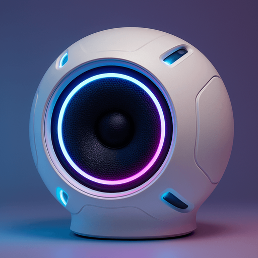 Futuristic speaker in the shape of a white orb. Face view