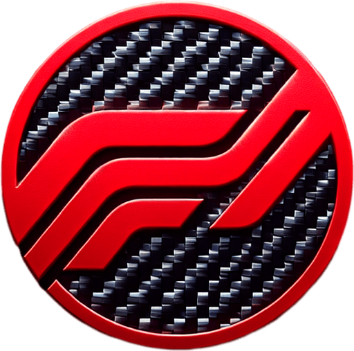 Red "F1" logo with dark carbon fiber.
Single Game Texture. In-Game asset. 2d. Blank background. High contrast. No shadows.