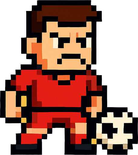 angry lookin red suit pixelart soccer player.
In-Game asset.  2d.  High contrast.  No shadows