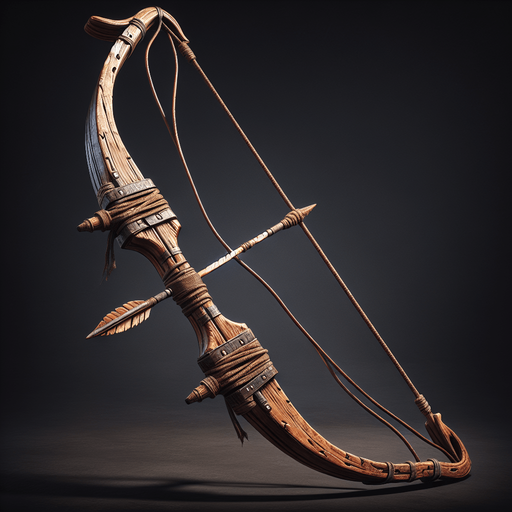 A rugged medieval bow with a wooden frame and slightly frayed string, perfect for a fantasy setting..
Game asset. Rustic and worn. Medieval fantasy style. High detail with visible wood grain.