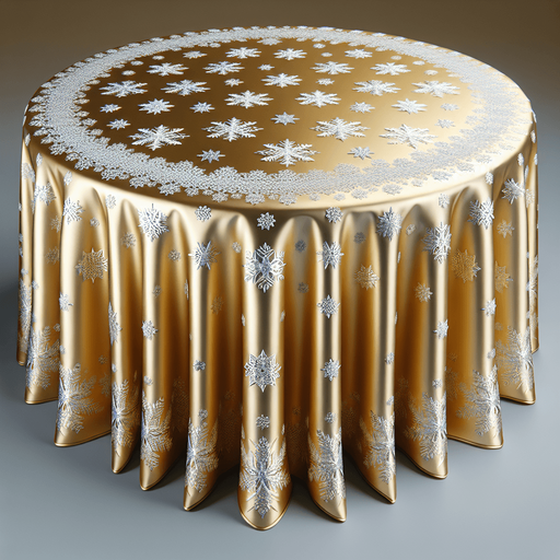 Photorealistic gold-colored, silver snowflakes Christmas tablecloth, front view.