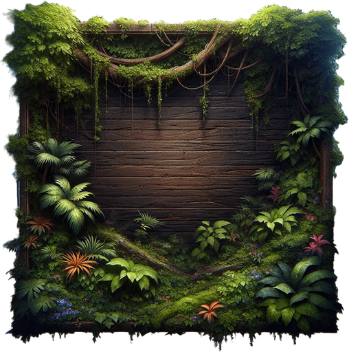 A dark wooden message board with vines and jungle moss growing on top..
Single Game Texture. In-Game asset. 2d. Blank background. High contrast. No shadows.