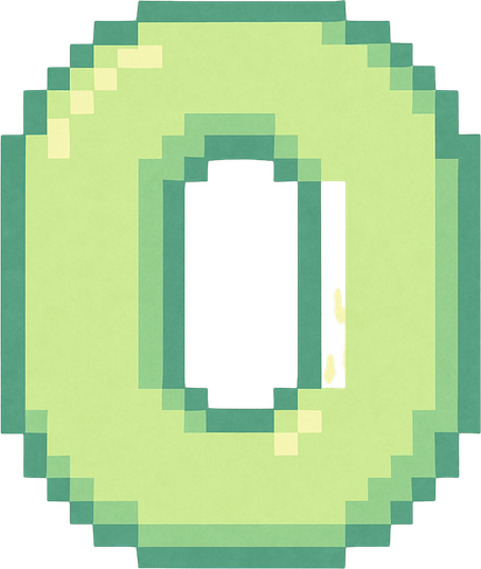 A pixel art number "0" designed for a cozy, cute retro 2D game UI with a bird theme. The number is rendered in soft pastel light green tones to harmonize with the gentle and sweet aesthetic of the game. It has a clean, simple, and rounded pixel style with no harsh edges, fitting perfectly within the pixel art UI style. The number is bold and easily readable at small sizes..
In-Game asset.  2d.  High contrast.  No shadows. pixel art. retro. 2d ui. number. pastel light green. simple. rounded edges. bold. cute. minimal