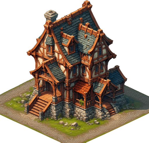 A home in a RTS and fantasy style.
Single Game Texture. In-Game asset. 2d. Blank background. High contrast. No shadows.