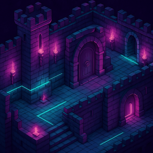 Top down isometric neon cyberpunk castle dungeon background large