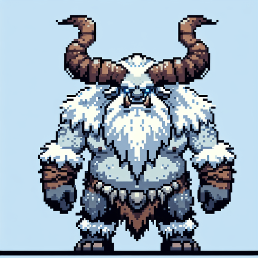 A winter horned ogre enemy character. pixelart. front view.. Single Game Texture. In-Game asset. 2d. Blank background. High contrast. No shadows.