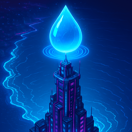 Top down isometric neon cyberpunk anime talk futuristic tower spire 3d ocean glowing hd large blue water drop hologram over top