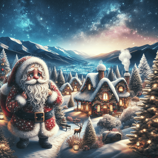 A sad landscape with santa's house, pines, snow, mountains in the back, at night. A cute sad santa crying with big tears in the front. clean feeric style. Background image. 2d. Blank background. Color. High contrast. No shadows.