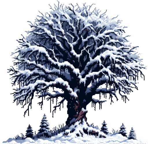 pixel art of a dead tree covered in snow. Single Game Texture. In-Game asset. 2d. Blank background. High contrast. No shadows.