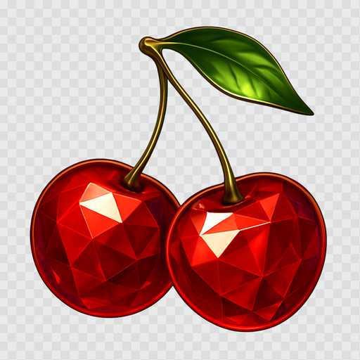 Crea un asset para el símbolo 'E' de Megaways: Cerezas Lujosas.
Dos cerezas rojas, estilizadas para parecer joyas o gemas, con una superficie brillante y reflejos. El tallo debe ser fino y elegante. Colores rojos intensos y brillantes. Estilo de casino sofisticado. Fondo transparente. Un giro elegante a un clásico (20x).
In-Game asset.  2d.  High contrast.  No shadows