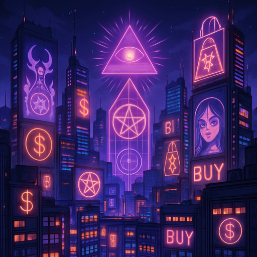 cyberpunk neon anime metropolis skyline corporate holograms billboards, occult-capitalism-consumerism imagery nighttime futuristic architecture glow