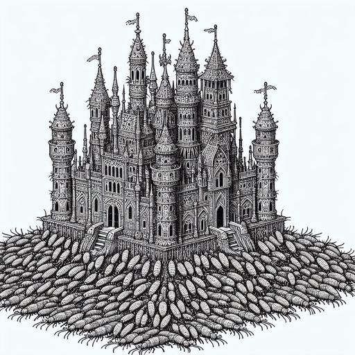 a castle made out of fleas.
Single Game Texture. In-Game asset. 2d. Blank background. High contrast. No shadows.