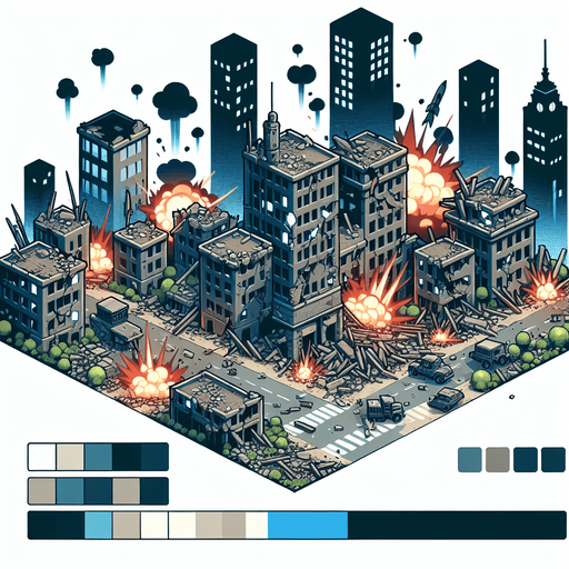 a city that is wartorn and has many explosoins and brocken buildings.
Single Game Texture.  In-Game asset.  2d.  Blank background.  High contrast.  No shadows