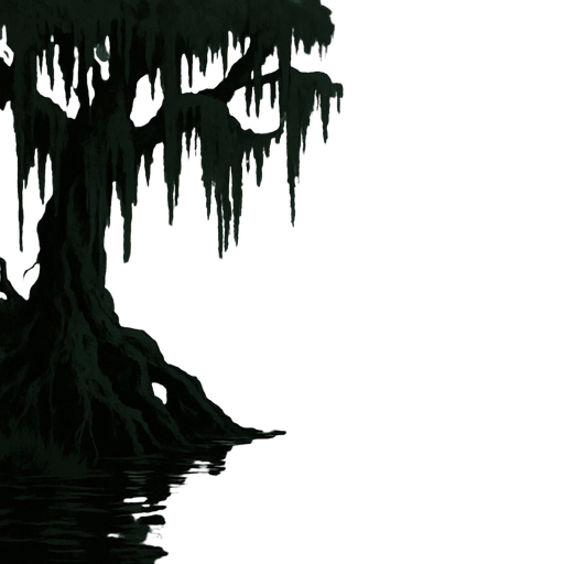 A gloomy medieval swamp with moss-draped trees, murky water reflecting a grey sky, eerie fog drifting over twisted roots, dark fantasy mood, realistic.
In-Game asset.  2d.  High contrast.  No shadows