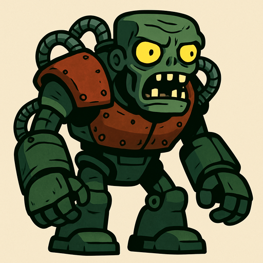 Cuerpo Robusto y Verde: El Zombot es una mole robótica de gran tamaño, con un cuerpo predominantemente de color verde oscuro, que le da un aspecto industrial y amenazante. Sus "hombros" y parte del torso están cubiertos por una armadura de color óxido o marrón rojizo, con remaches visibles.

Cabeza de Zombi Grande: La cabeza del robot es grande y cuadrada, también de color verde, con mandíbulas inferiores prominentes que se abren para revelar dientes afilados. Tiene dos grandes ojos amarillos brillantes que emiten una luz siniestra, lo que lo hace parecer una versión robótica y gigantesca de un zombi común.

Múltiples Mangueras y Cables: Varias mangueras o tuberías metálicas segmentadas sobresalen de sus hombros y otras partes del cuerpo, conectándose a sus brazos y cabeza, lo que sugiere un complejo sistema mecánico y de fluido.

Brazos y Piernas Robóticas Grandes: Sus brazos son enormes y fornidos, con grandes manos que terminan en "dedos" gruesos y redondeados, capaces de infligir u.
In-Game asset.  2d.  High contrast.  No shadows