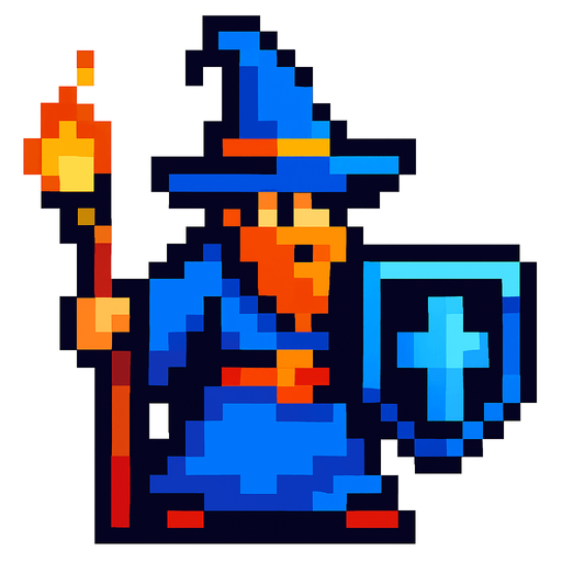 piksel kalkanlı büyücü.
In-Game asset.  2d.  High contrast.  No shadows