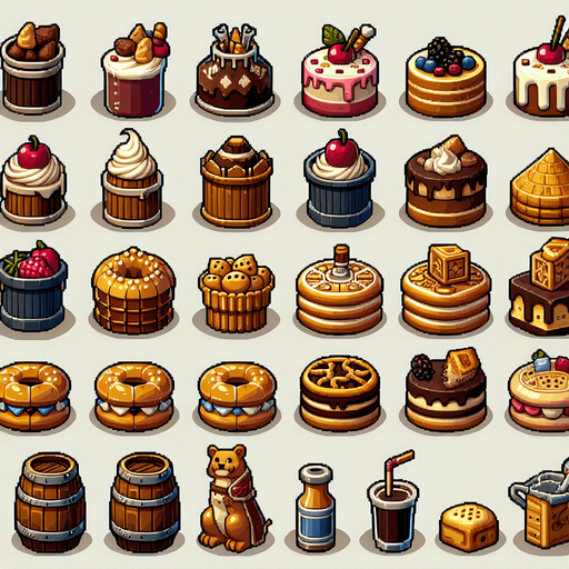 A spritesheet full of different delicious medieval cakes and snacks and beverages..
Single Game Texture. In-Game asset. 2d. Blank background. High contrast. No shadows.